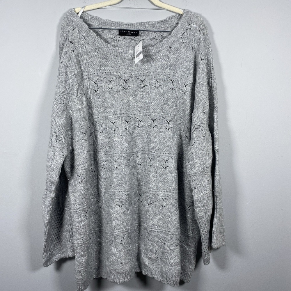Lane Bryant Sweater Women 22/24 Grey Metallic Pointelle Knit Scoop Neck Pullover